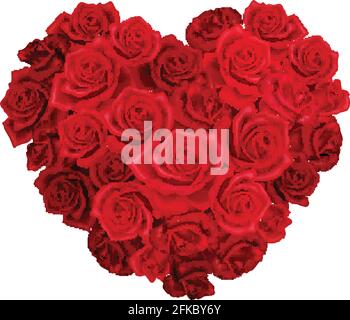 Mazzo a forma di cuore di rose rosse composizione realistica su bianco illustrazione vettoriale di sfondo Illustrazione Vettoriale