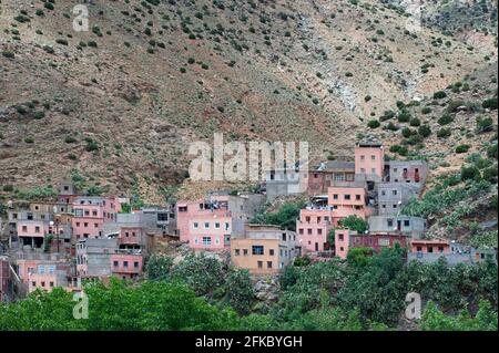 Il solitario villaggio berbero di Sti Fadma, noto anche come setti Fatma, situato nella Valle di Ourika, gruppo di case tradizionali vicino alle cascate Foto Stock