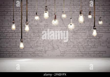 Lampadine vintage realistiche su sfondo con parete in mattoni grigi illustrazione vettoriale Illustrazione Vettoriale