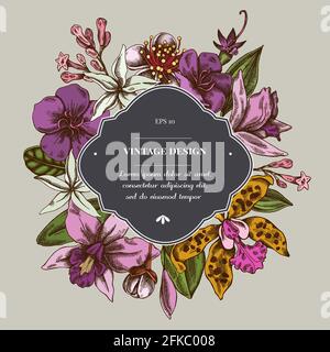 Badge sopra il design con laelia, fiori feijoa, cespuglio di gloria, papilio torquatus, cinchona, cattleya aclandiae Illustrazione Vettoriale