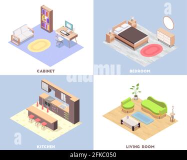 Arredamento isometrico a quattro piazze con camera da letto con armadio descrizione della cucina e del soggiorno illustrazione vettoriale Illustrazione Vettoriale