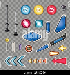 Collezione realistica di parti per macchine a flipper con pistone a sfera in acciaio lampeggiante le luci intrappolano l'illustrazione vettoriale trasparente di sfondo isolata Illustrazione Vettoriale
