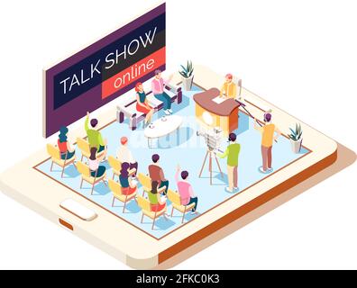 Composizione isometrica del talk show online con operatori e ospiti illustrazione vettoriale 3d in studio Illustrazione Vettoriale