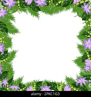 Foglie tropicali trendy e fiori tropicali natura vettore poster in colori luminosi e verdi. Poster struttura tropicale isolato su bianco ba Illustrazione Vettoriale