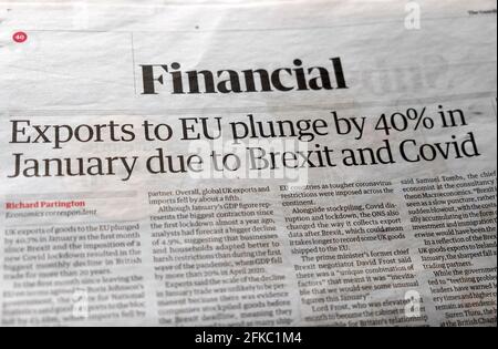 "A gennaio le esportazioni verso l'UE sono crollare del 40% Brexit and Covid' Guardian Newspaper Financial section effetto incoronavirus Articolo commerciale Londra UK Foto Stock