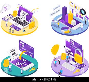 Concetto di design isometrico a pagamento online con quattro composizioni di icone e pittogrammi finanziari con illustrazione vettoriale dei caratteri umani Illustrazione Vettoriale