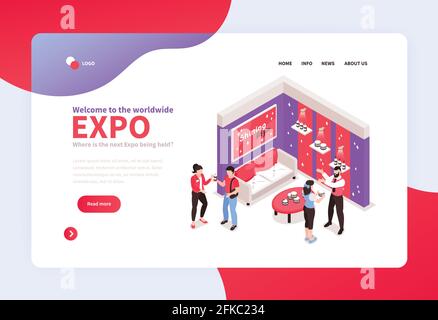 Banner di concetto per stand espo isometrico per la landing page del sito web con il design dello stand e link illustrazione vettoriale Illustrazione Vettoriale