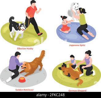 Concetto isometrico di disegno del proprietario del cane di un giorno con il cane differente razze e personaggi umani di maestri illustrazione vettoriale Illustrazione Vettoriale