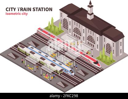 Composizione della stazione ferroviaria isometrica con edificio storico del terminal e. binari ferroviari con piattaforme e illustrazioni vettoriali passeggeri Illustrazione Vettoriale