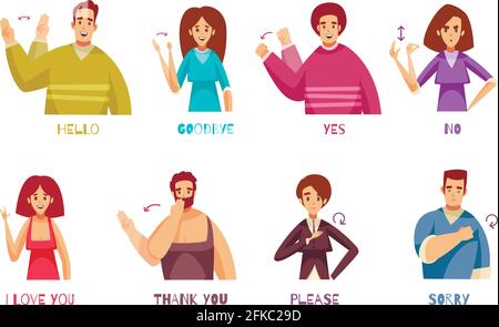 Espressioni del linguaggio dei segni impostate con simboli parlanti piatti isolati illustrazione vettoriale Illustrazione Vettoriale