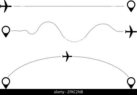 pittogrammi di viaggio in aria con simbolo del contrassegno di destinazione e icona del piano collegato a un'illustrazione vettoriale con linea tratteggiata Illustrazione Vettoriale
