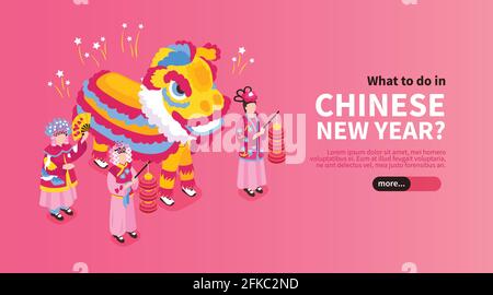 Banner orizzontale cinese nuovo anno con persone in abiti nazionali e grande costume drago illustrazione vettoriale isometrica Illustrazione Vettoriale