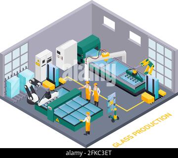 Composizione isometrica per la produzione di vetro con testo e vista interna di reparto operativo vetreria con illustrazione vettoriale dei lavoratori umani Illustrazione Vettoriale