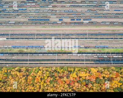 Foresta d'autunno e deposito ferroviario direttamente sopra la vista aerea prospettica Foto Stock