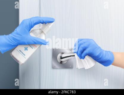 Mani in guanti maniglia della porta desinfection composizione realistica con l'uomo mani applicazione disinfettante disinfettante sportello tirare vettore illustrazione Illustrazione Vettoriale