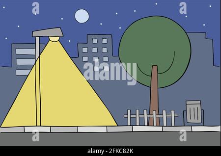 Cartoon vettore illustrazione della scena della città di notte. Lampada da strada, albero, edifici, stelle e luna piena. Contorni colorati e neri. Illustrazione Vettoriale
