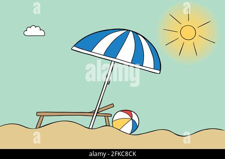 Cartoon vettore illustrazione di ombrellone, spiaggia, tempo soleggiato, lettino e palla di mare. Contorni colorati e neri. Illustrazione Vettoriale
