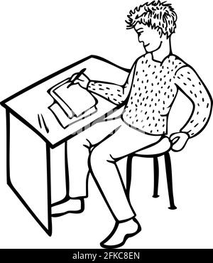 Vettore in bianco e nero illustrazione di un uomo felice scrittura o disegno mentre si siede a un tavolo. Creatore soddisfatto. Illustrazione Vettoriale