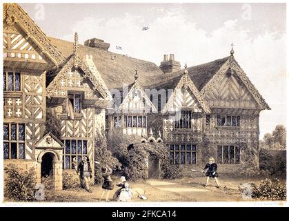 Un litotint di Speke Hall, The Garden Front, Lancashire UK scansionato ad alta risoluzione da un libro stampato nel 1858. Creduto esente da copyright. Foto Stock