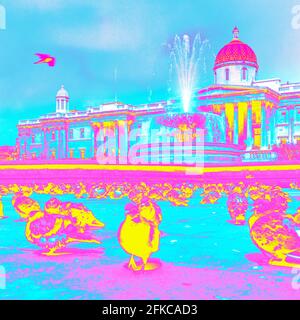 Immagine a colori derivata da una fotografia in bianco e nero scattata nel 1971 della National Gallery e dei piccioni a Trafalgar Square, Londra UK Foto Stock