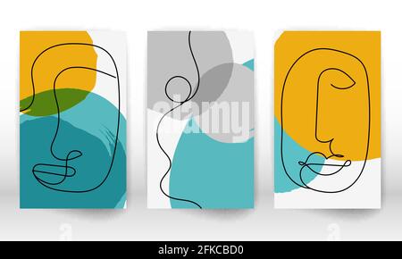 Volto d'arte astratta e moderna. Set di forme e linee minime. Arredamento di design per la casa. Effetto acquerello che dipinge forme e facce line art. Contemporaneo Illustrazione Vettoriale