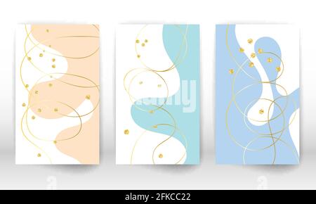 Progettazione del flusso dei fluidi. Pittura di arte moderna. Set di forme e linee fluide. Forme liquide dipinte a mano, particelle d'oro. Arte moderna. Illustrazione Vettoriale