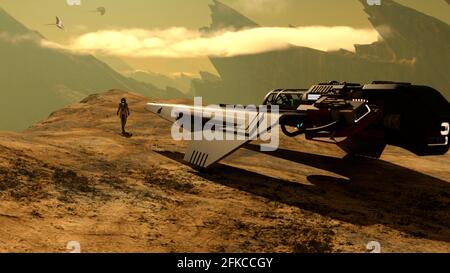 Viaggiatori spaziali esplorando un nuovo pianeta e di fronte alieni volare creature - rendering 3d Foto Stock