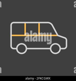 Minivan con navetta per l'aeroporto, icona del vettore degli autobus navetta su sfondo scuro. Simbolo grafico per siti web di viaggi e turismo e applicazioni design, logo, app, UI Illustrazione Vettoriale