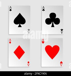 Carte da gioco su sfondo bianco. Quattro assi mano di poker. Modello per il tuo progetto Illustrazione Vettoriale