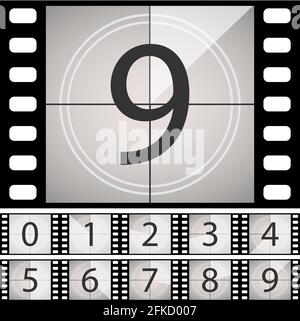 Fotogramma del conto alla rovescia del film precedente. Conteggio del timer vettoriale del cinema retrò vintage. Modello per il tuo progetto Illustrazione Vettoriale