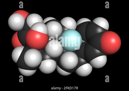La molecola di farmaco del glucocorticoide desametasone 3D rende la struttura chimica Foto Stock