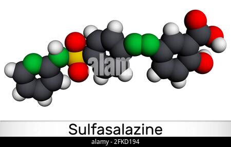 Molecola di sulfasalazina. È azobenzene, usato nella gestione delle malattie infiammatorie intestinali. Modello molecolare. Rendering 3D. Illustrazione Foto Stock