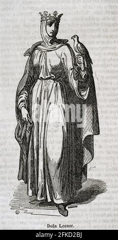 Eleonora d'Inghilterra (1160-1214). Figlia del re Enrico II d'Inghilterra. Regina consorte e reggente di Castiglia. Moglie di Alfonso VIII di Castiglia. Incisione di Coderch. Historia Generale de España di Padre Mariana. Madrid, 1852. Foto Stock