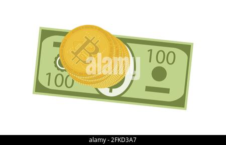 Valute di investimento - dollaro USA e monete di bit virtuali isolate su sfondo bianco. Pila di monete d'oro di criptovaluta bitcoin e fiat dollaro USA Illustrazione Vettoriale