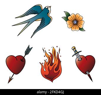 Set di tatuaggi americani della vecchia scuola inghiottiscono, fiore, cuore, freccia, fiamma Illustrazione Vettoriale