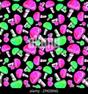 Motivo senza cuciture al neon toadstool ad acquerello Foto Stock