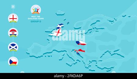 Campionato europeo di calcio del Gruppo D 2020 illustrazione vettoriale con a. mappa dell'Europa e dei paesi evidenziati bandiere che si qualificava a. fase finale e. Illustrazione Vettoriale