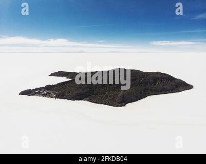 Vista panoramica aerea dell'isola isolata di cactus Incahuasi Inkawasi Lago salato bianco Salar de Uyuni in Potosi Bolivia America del Sud Foto Stock