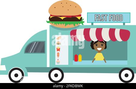 Fast food camion o furgone con un hamburger sul tetto, un cameriere, un menu e finestre scure. Illustrazione Vettoriale