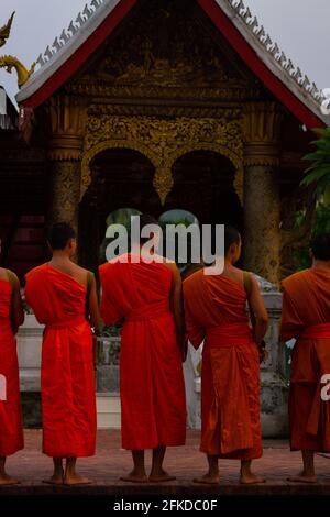 Luang Prabang, Laos - 6 luglio 2016: I monaci buddisti pregano di fronte al tempio di Xiengthong alla conclusione della cerimonia di premiazione delle elemosine del mattino presto Foto Stock