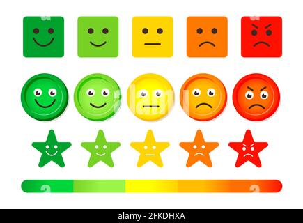 Icone o barra di scala di feedback emotivo. Set di colori emoticon indicatore di umore, livello, rango. Stella o cerchio sagomato. Ottimo per app o pulsante web di soddisfazione sondaggio qualità del servizio illustrazione vettoriale Illustrazione Vettoriale