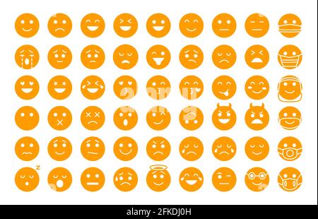 Set di icone di silhouette gialle emoji. Diversi tipi di emoticon Smile template collection. Segno di emozione dell'umore o del viso. Volti che esprimono ridere, arrabbiati. Emoticon nell'illustrazione vettoriale isolata dalla maschera Illustrazione Vettoriale