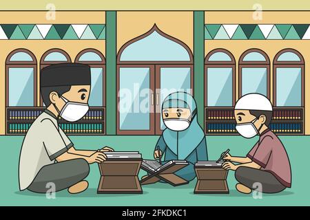 L'Ustaz e i suoi studenti hanno letto il Corano nella moschea indossando abiti musulmani. Illustrazione vettoriale. Libro per bambini. Illustrazione Vettoriale
