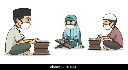 Il personaggio di Ustaz e studenti Leggi il Corano indossando abiti musulmani e maschera facciale. Illustrazione vettoriale. Libro per bambini. Illustrazione Vettoriale