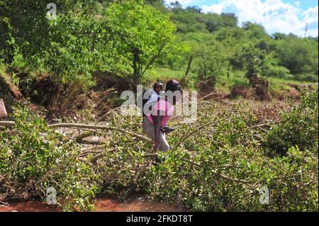 I residenti rurali del villaggio a Sane in Limpopo ancora attraversano i fiumi per ferry i bambini alla scuola a causa di problemi di carenza di infrastrutture Foto Stock