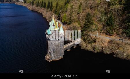 Lake Vyrnwy sforzare Tower Foto Stock