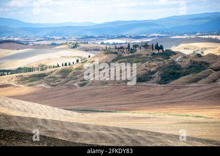 Ad Asciano - Italia - il 2020 agosto - Paesaggio Di campagna toscana in Val d'Orcia e la cosiddetta creta senesi Foto Stock