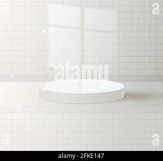 Podio bianco su fondo muro con piastrelle in ceramica. Un luogo per presentare il vostro prodotto. Illustrazione vettoriale. Illustrazione Vettoriale