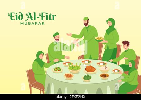 Happy eid al Fitr Greeting Card. Famiglia musulmana cena insieme durante Eid Mubarak con cibi tradizionali Ketupat Illustrazione Vettoriale