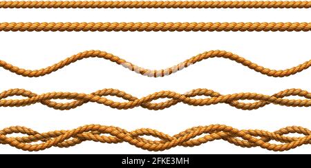 realistiche corde vettoriali senza giunture, cavi intrecciati e ondulati. Illustrazione Vettoriale
